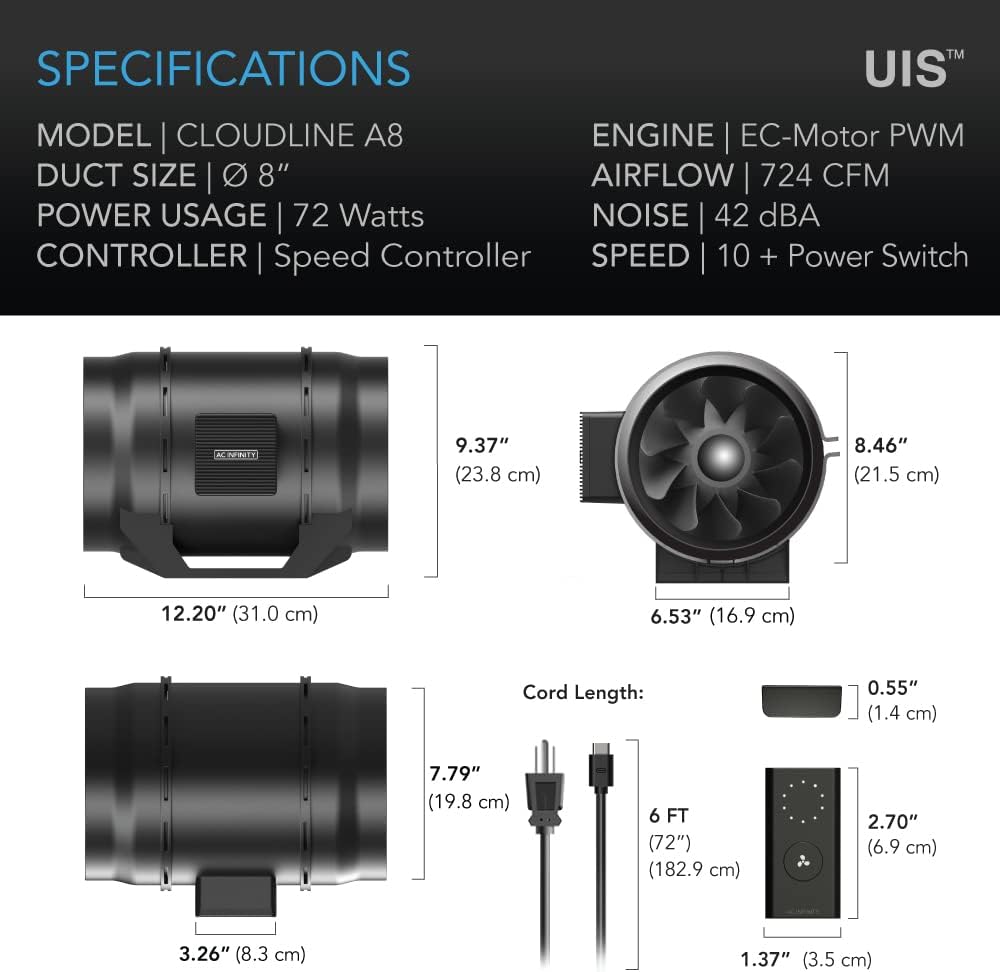 AC Infinity CLOUDLINE A8, Quiet 8" Inline Duct Fan with Speed Controller, EC Motor - Ventilation