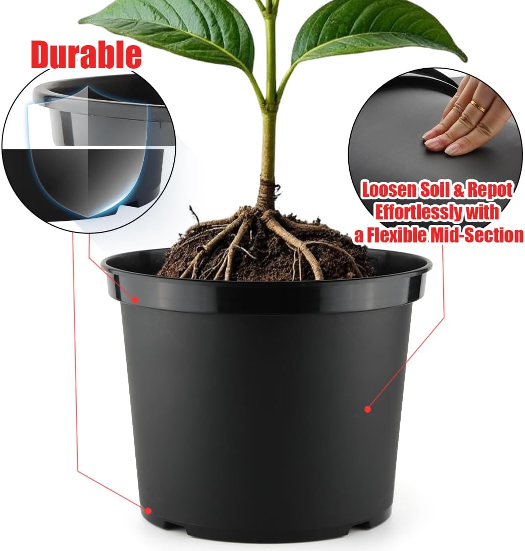 5 Gallon Nursery Pots 10-Pack, 12 Inch Plastic Planter with Drainage Holes – Round, Sturdy, Deep