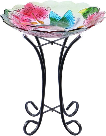 MUMTOP Outdoor Glass Birdbath with Metal Stand for Lawn Yard Garden Hummingbird Decor,18” Dia