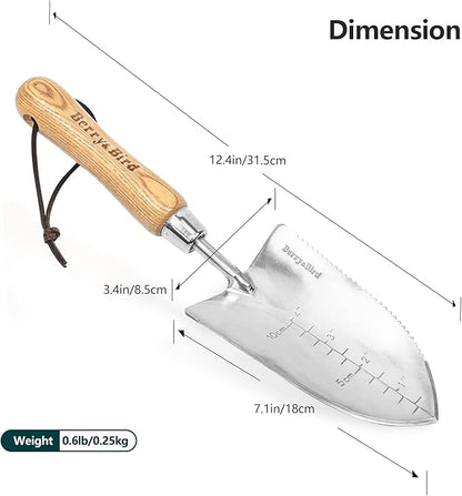 Berry&Bird Garden Serrated Planting Trowel, Multifunctional Shovel with ash Wood and Stainless