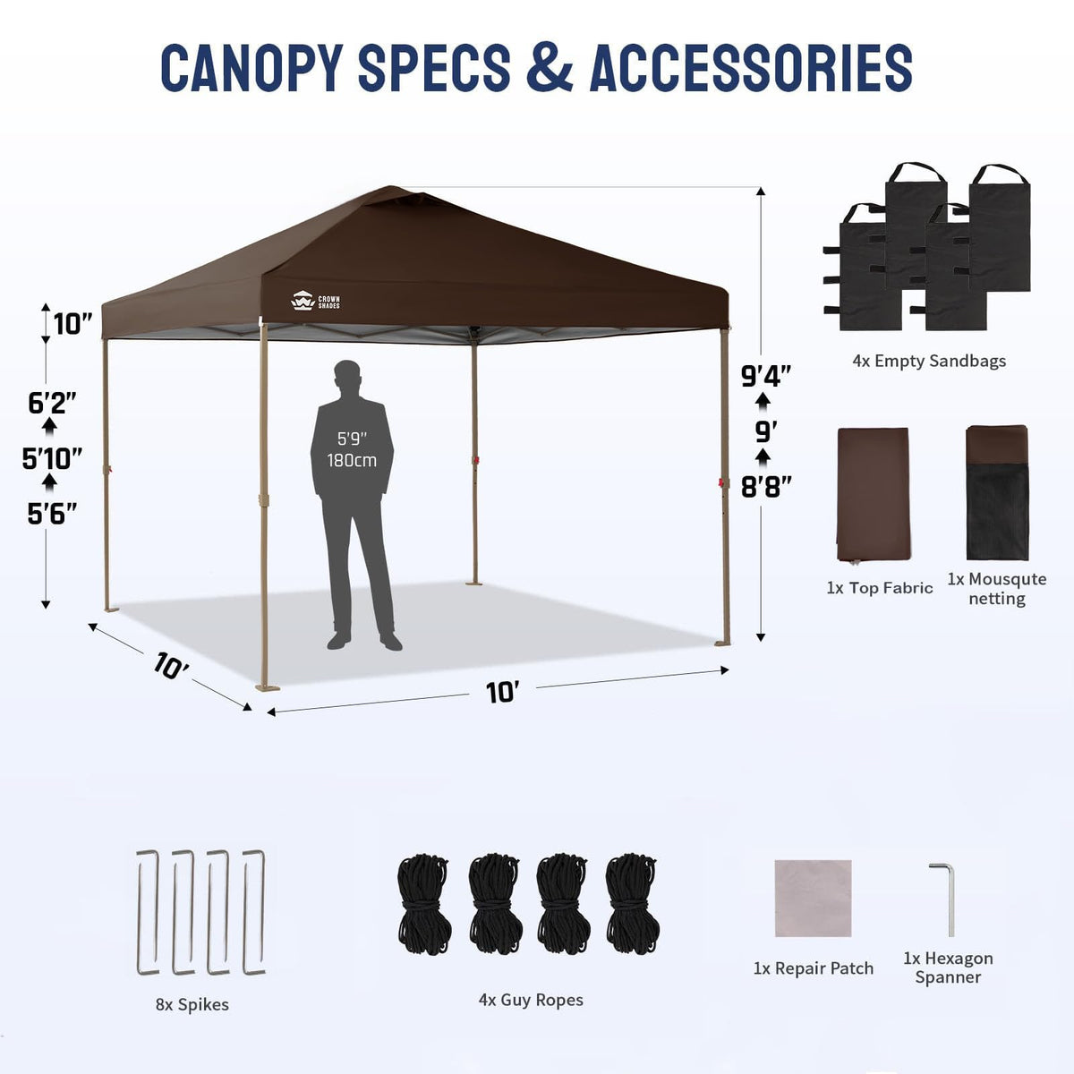 CROWN SHADES Gazebo 10x10 Pop Up Canopy with Mosquito Netting, Coffee