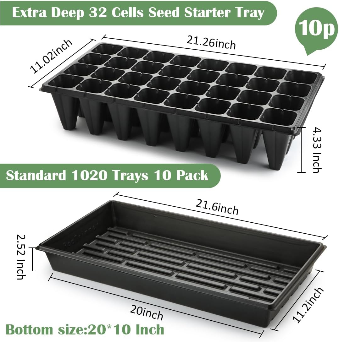 10 Pack 1020 Seedling Starter Trays with 10 Pack 32 Cell Plug Inserts Extra Deep 4.33" - Heavy Duty