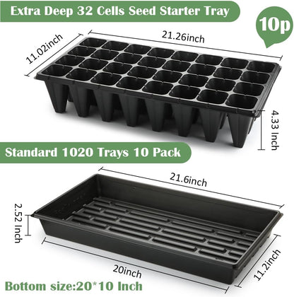 10 Pack 1020 Seedling Starter Trays with 10 Pack 32 Cell Plug Inserts Extra Deep 4.33" - Heavy Duty