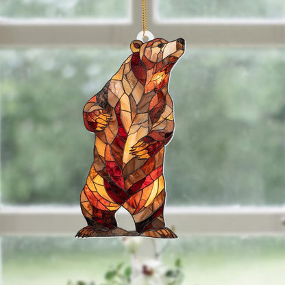 Stained Glass Acrylic Bear Ornament 2025 – Handcrafted Wildlife Christmas Tree Decoration, Rustic