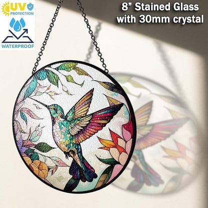 6" Hummingbird Stained Glass Suncatcher, Bird Handcrafted Suncatcher Window Hanging, Nature Floral