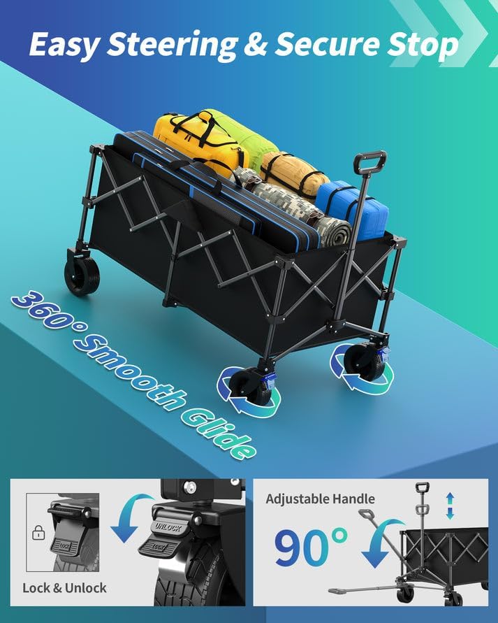 45.5" L Kitsure Collapsible Wagon - Heavy Duty Foldable Wagon with 440lbs Capacity, Adjustable