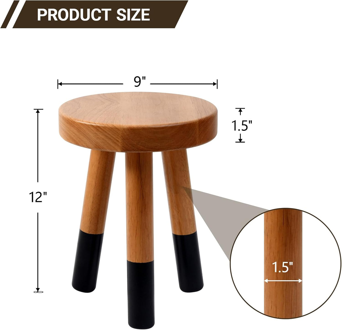 Rubber Wood 9" Round Plant Stand |Dip Dyed Black Stool, Wood Riser |Milking Stool (12" H)