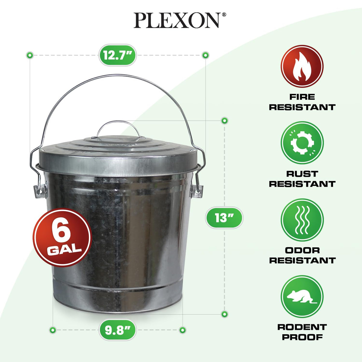 Plexon 6 Gallon Outdoor Trash Can with Lid Galvanized Metal Bucket with Locking Lid for Poultry