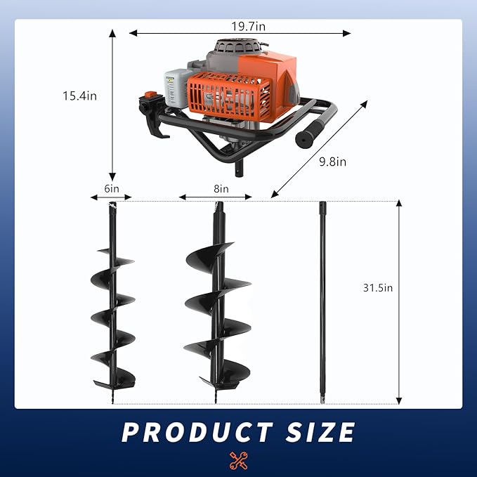 72cc 2-Stroke Auger Post Hole Digger with 2 Extension Rods & 6" & 8" Auger Bits - Gas Powered Earth