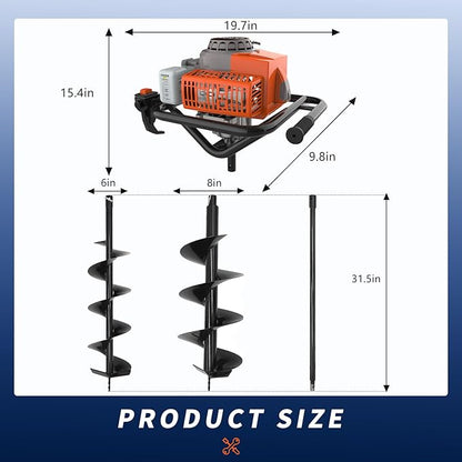 72cc 2-Stroke Auger Post Hole Digger with 2 Extension Rods & 6" & 8" Auger Bits - Gas Powered Earth