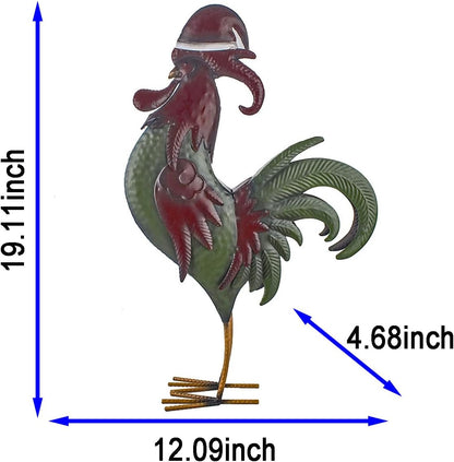 Rooster Statue Creative Chicken Animal Sculpture with Christmas Hat Garden Decoration Metal Yard