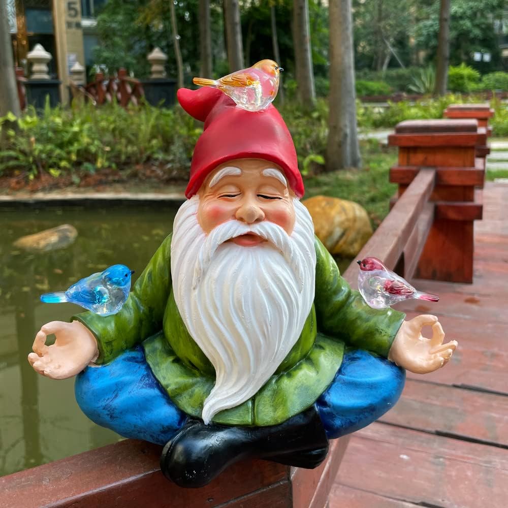 Solar Powered Gnome with Red Hat and 3 Birds, Resin Garden Ornament with LED Light, Lawn Figurine