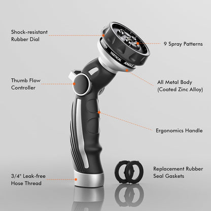 RESTMO Water Hose Nozzle, Metal Garden Hose Sprayer, Heavy Duty | 9 Spray Patterns | High Pressure