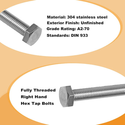 M10 Hex Bolts and Nuts Set, M10x60mm Fully Thread Bolt, M10-1.25mm Hexagon Nut with Flat Washers