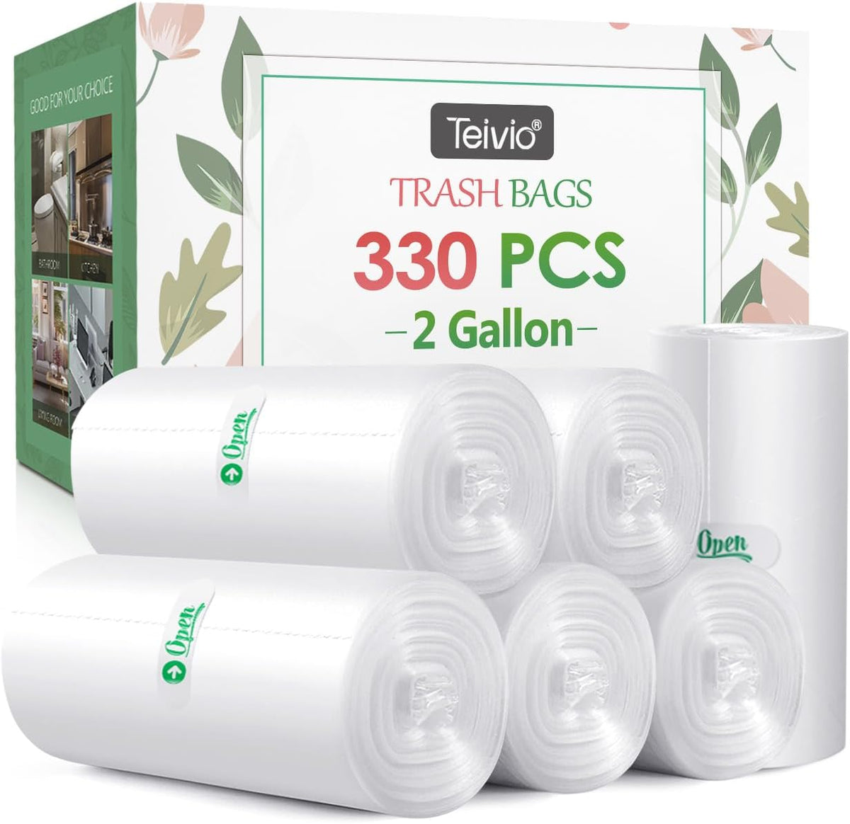 2 Gallon 330 Counts Strong Trash Bags Garbage Bags by Teivio, Bathroom Trash Can Bin Liners