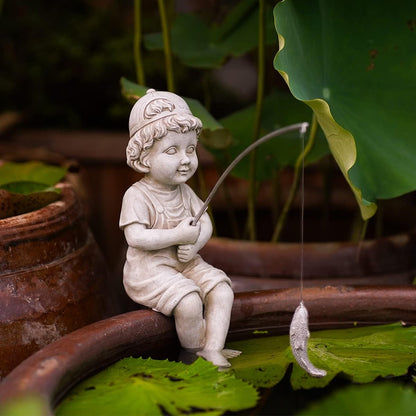 Goodeco Fisherboy Statue Garden Decor - 11" Little Fishing Guy for Koi Pond or Waterfalls, Poolside