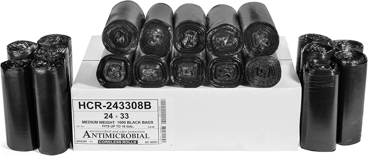 Aluf Plastics 12-16 Gallon Black Trash Bags (1000 Count) - 24" x 33" - 8 Micron Equivalent High