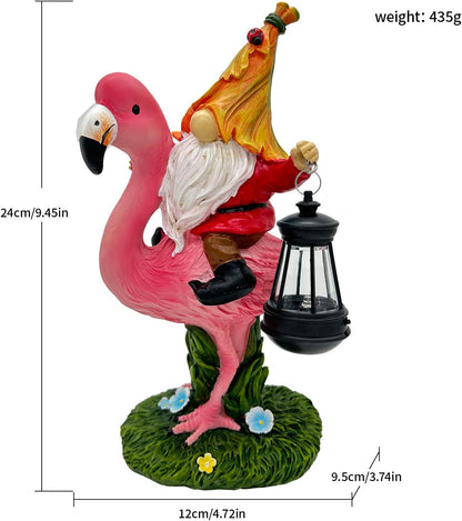 Gnomes Flamingo with Solar Lantern, Whimsical Decor for Garden, Yard, Patio, Lawn, LED Lights