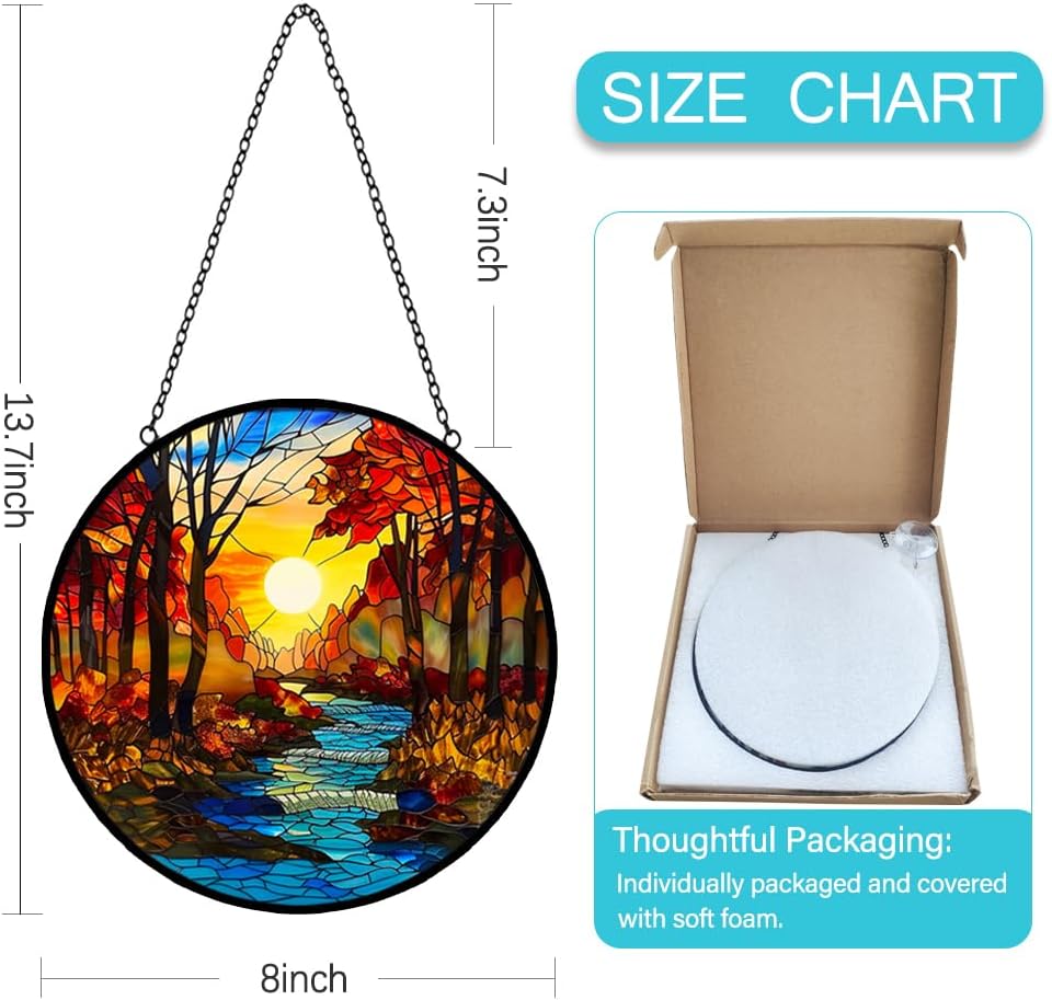 Fall Decor Sunrise Tree and River Landscape Stained Glass Suncatcher for Window Hanging - Mountains