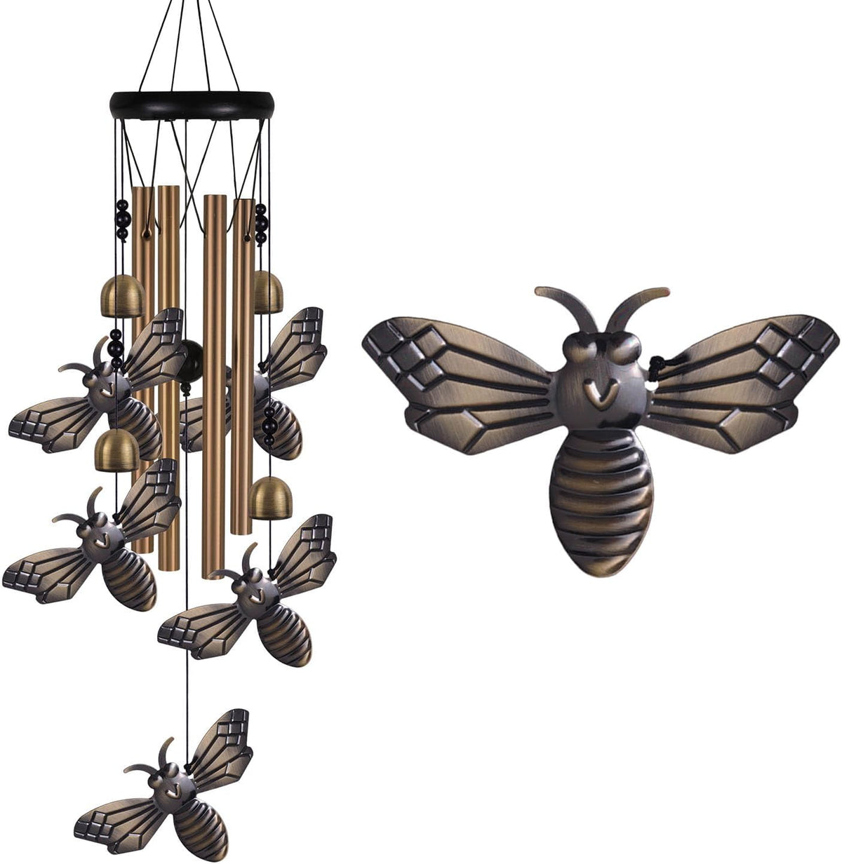 Garden Bee Wind Chimes Outdoor Indoor Decor - with 4 Tubes 4 Bells 5 Bees Wind Chime, Mobile