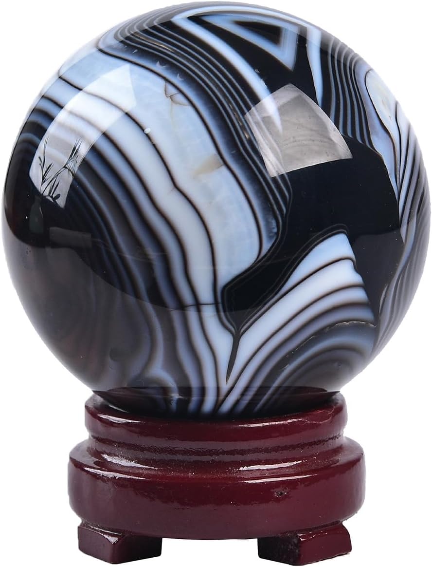 JIC Gem Natural Black Onyx Agate Crystal Ball Round Healing Crystals Decorative Sphere with Wooden