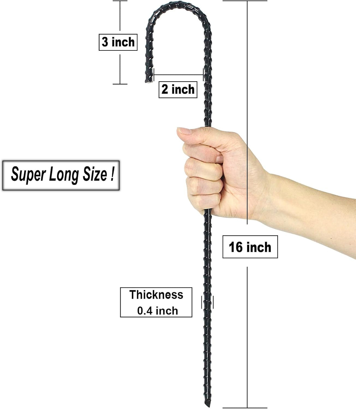 16 Inch Ground Rebar Stakes, J Hook Extra Heavy Duty Rust Proof Coated Steel Ground Anchors with