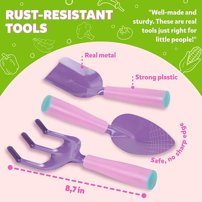Pink Kids Gardening Tools - includes Sturdy Tote Bag, Watering Can, Gloves, Shovels, Garden Stakes