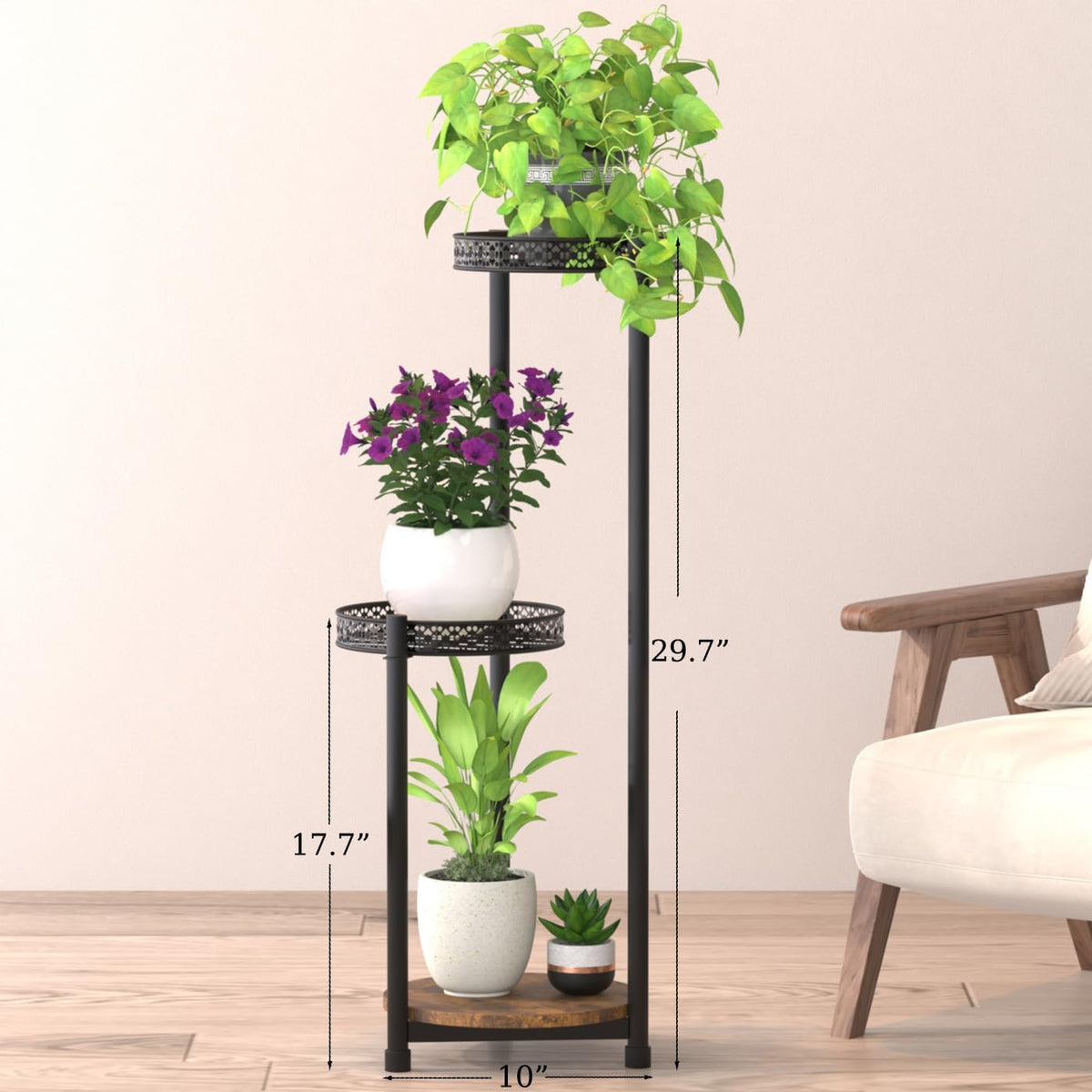 Plant Stand Indoor Outdoor,3 Tier Metal Wood Plant Stand for Multiple Plants,Black Tall Narrow