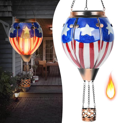 Hot Air Balloon Solar Lantern - U.S Flag Patriotic Glass Lantern, Simulated Flickering & Dancing