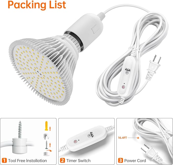 Bstrip Hanging Grow Lights for Indoor Plants, 25W Full Spectrum, White Plant Light Bulb with Timer