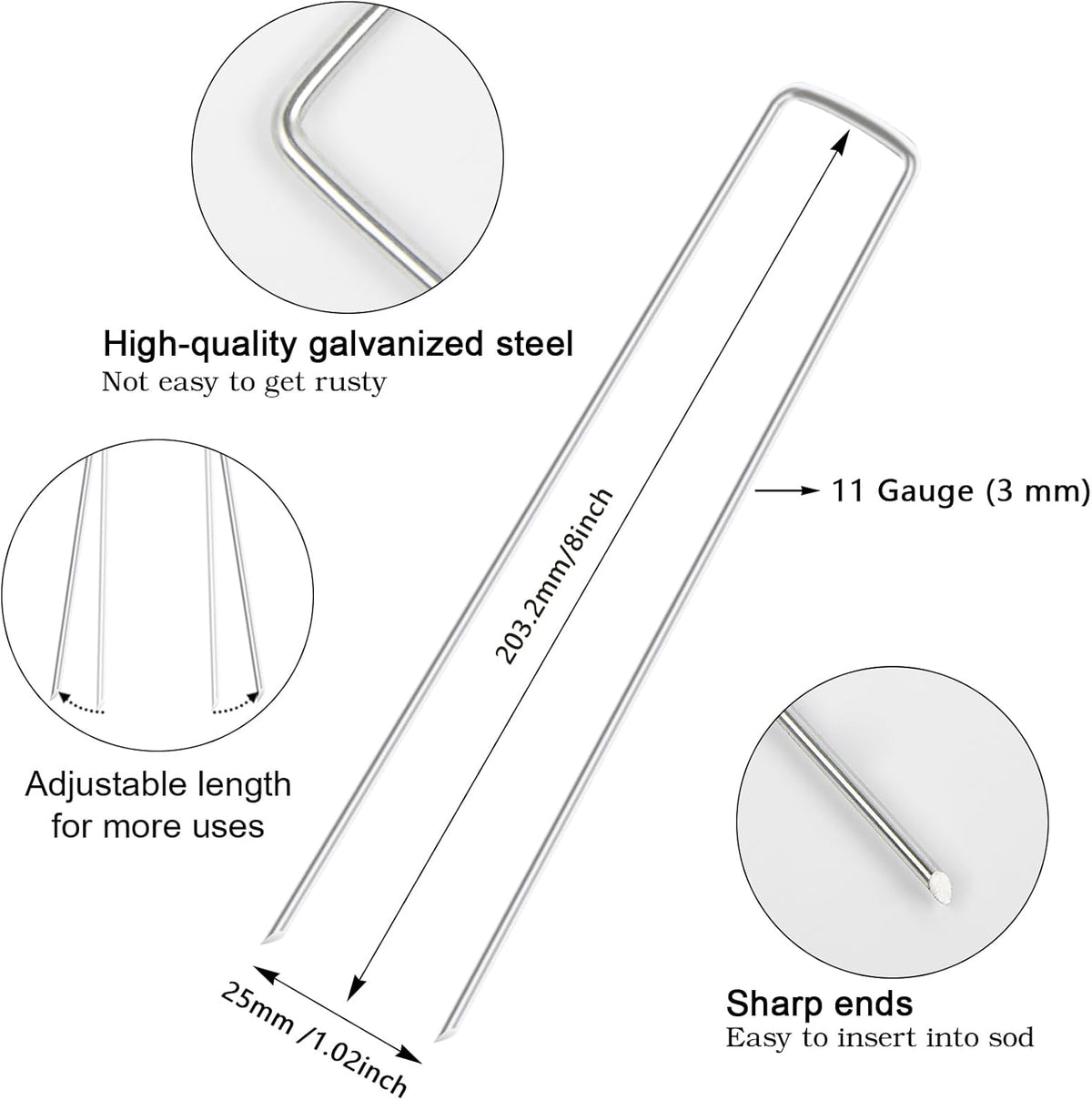 FEED GARDEN 8 Inch 100 Pack Galvanized Landscape Staples 11 Gauge Anti-Rust Garden Stakes