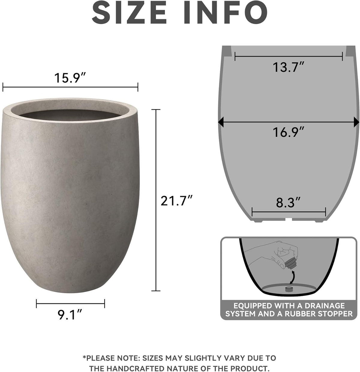 Kante 21.7" H Weathered Concrete Tall Planter, Large Outdoor Indoor Decorative Pot with Drainage