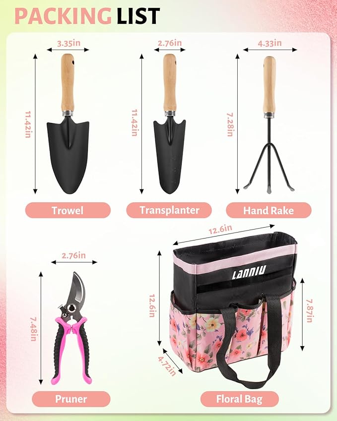 Pink Gardening Tools, Garden Tool Set for Women,5 Piece Womens Gardening Kit with Floral Garden