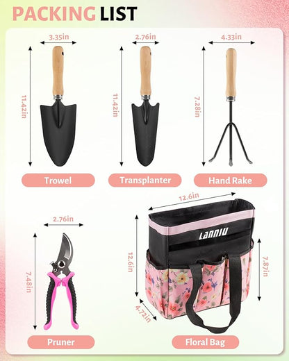 Pink Gardening Tools, Garden Tool Set for Women,5 Piece Womens Gardening Kit with Floral Garden