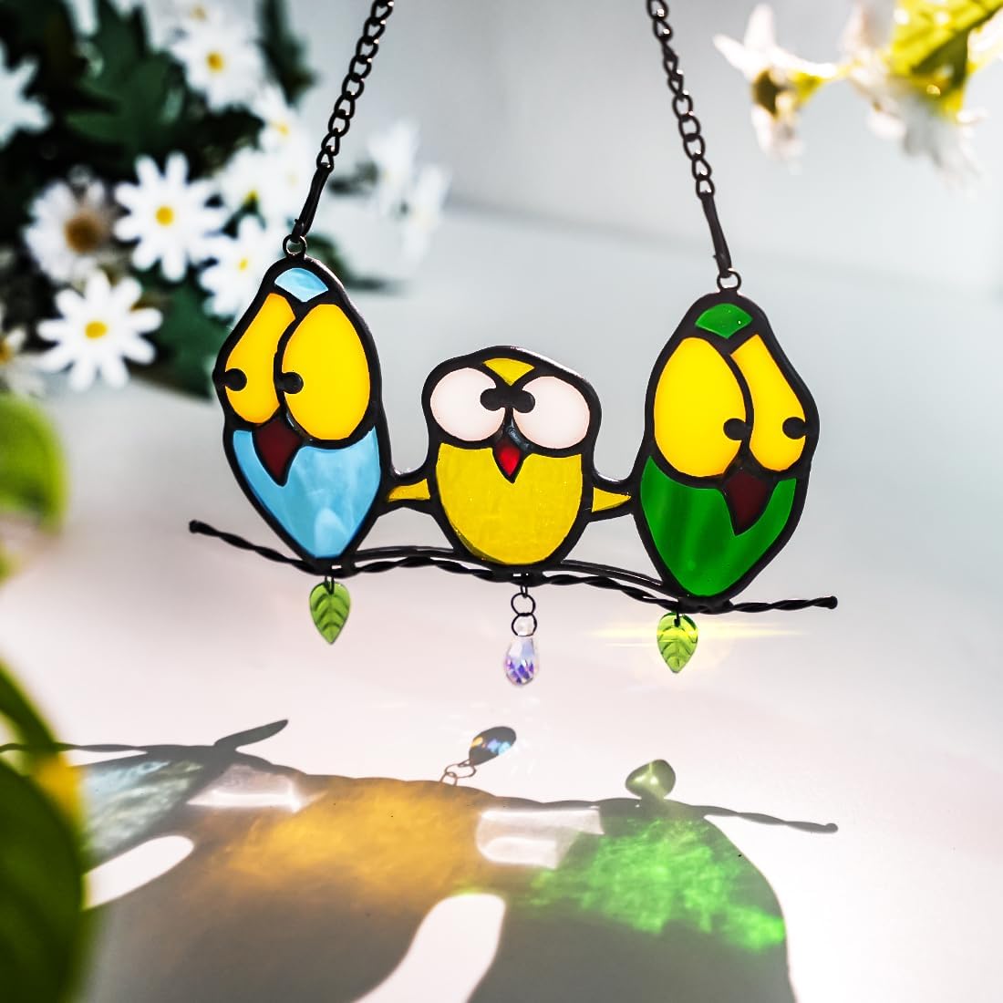 Multicolor Owl Decor Stained Glass Window Hanging,Best Bird Gifts for Owl Lovers Women,Bird