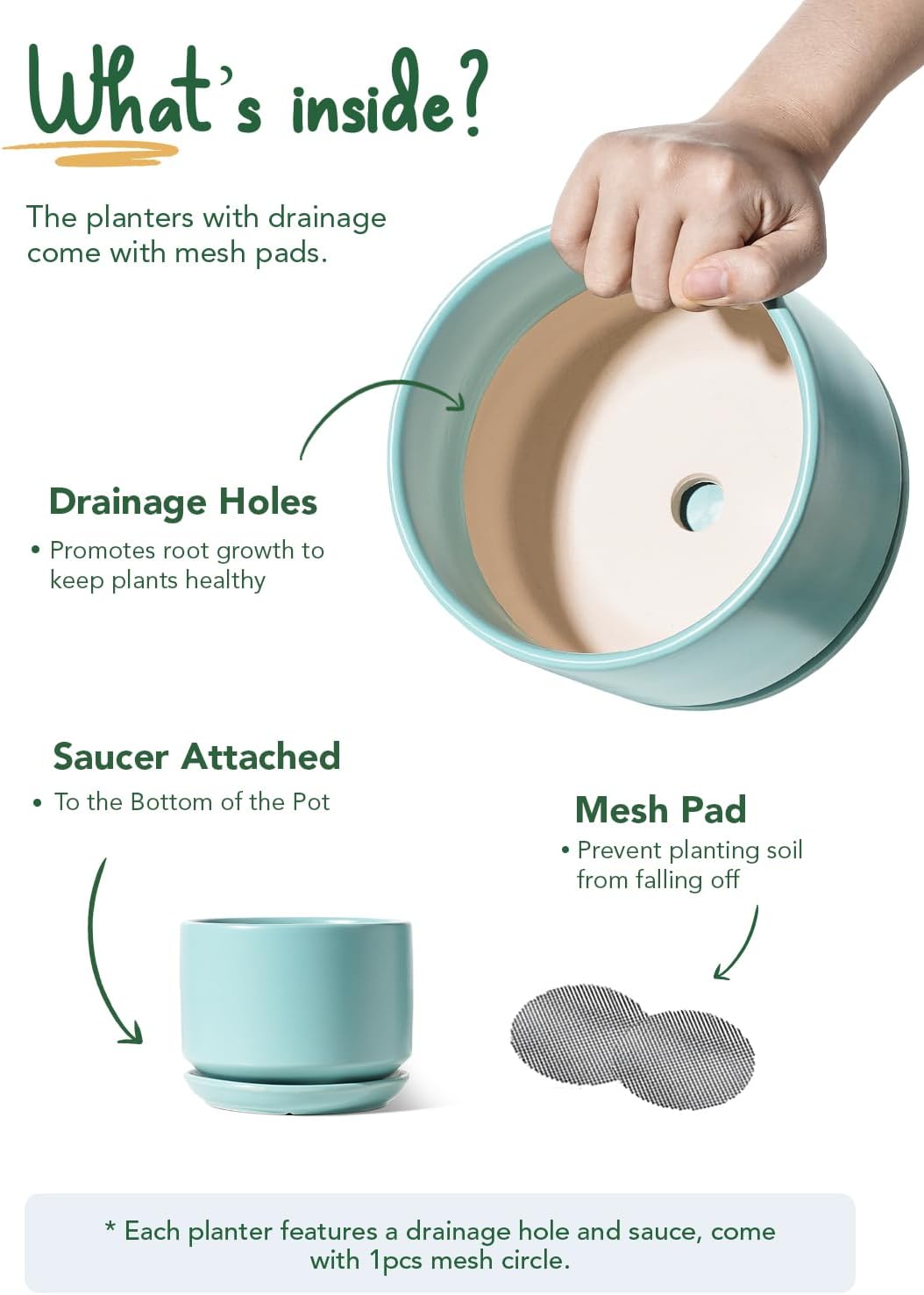 LE TAUCI Ceramic Plant Pots, 4.3+5.3+6.8 inch, Set of 3, Planters with Drainage Hole and Saucer