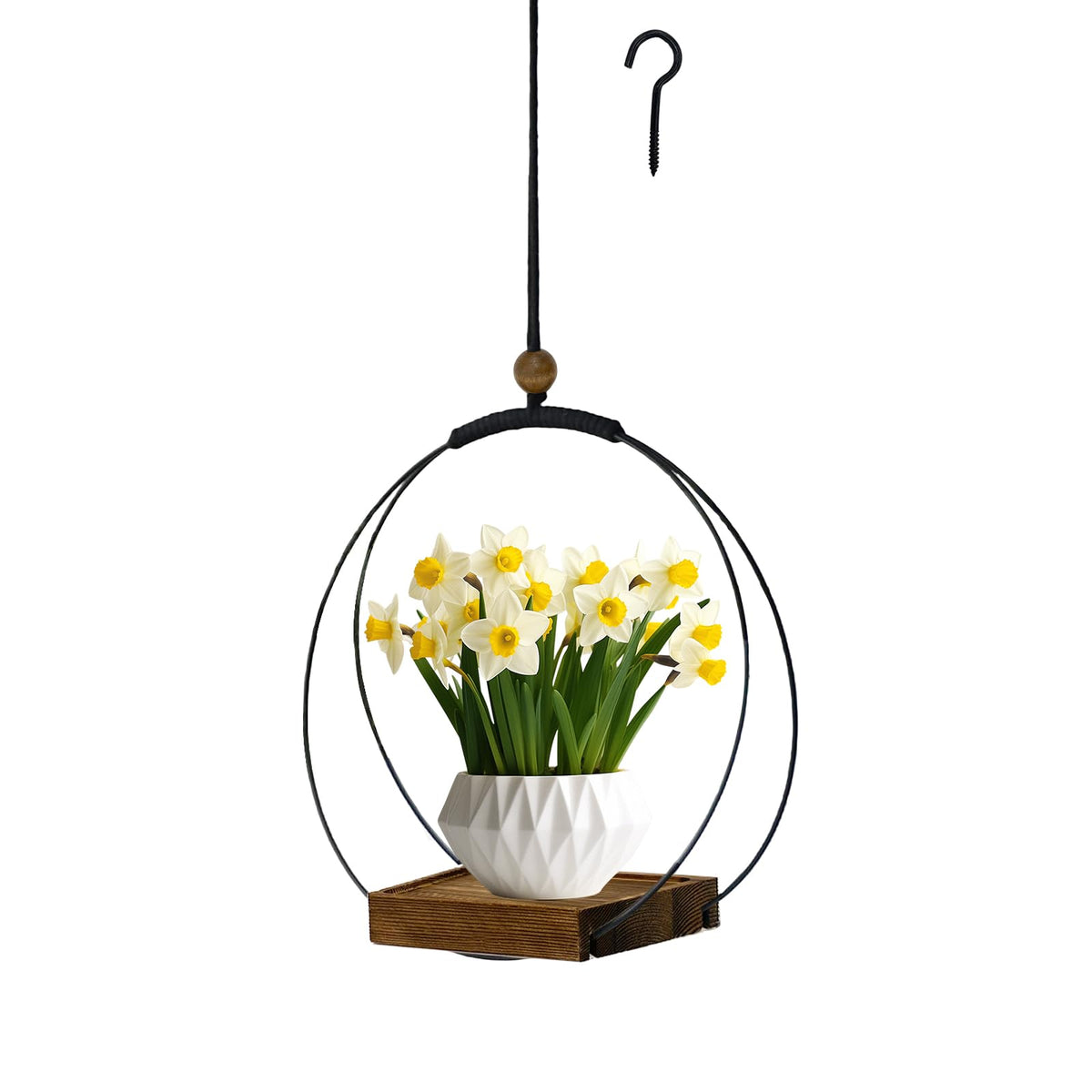 Hanging Planter for Indoor Plants, Black Plant Hanger Indoor with Sturdy Wood Base, Modern Boho
