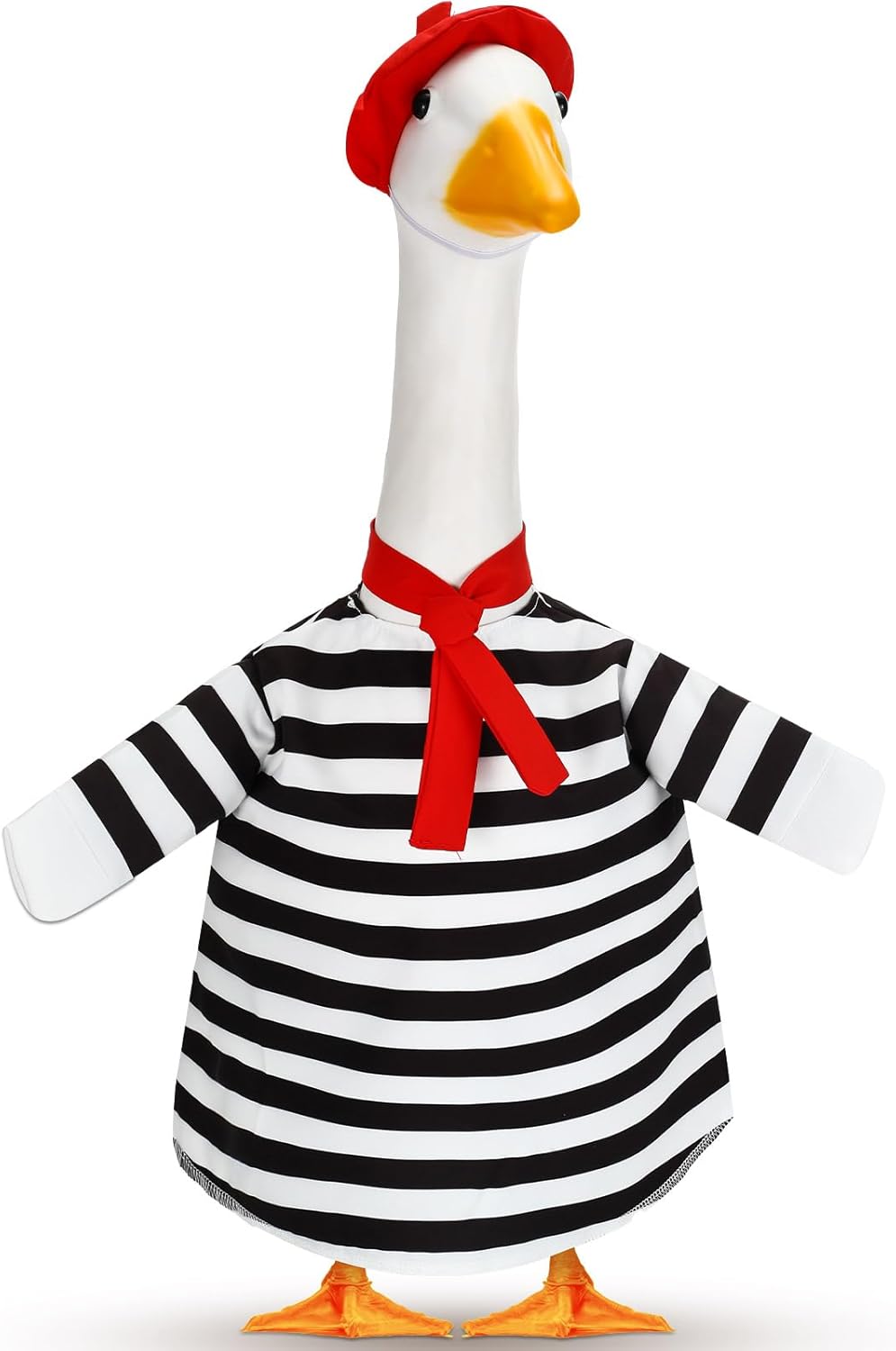 French Look Porch Goose Outfit Set for Cement Lawn Artist Hat Beret Red Scarf Black White Striped