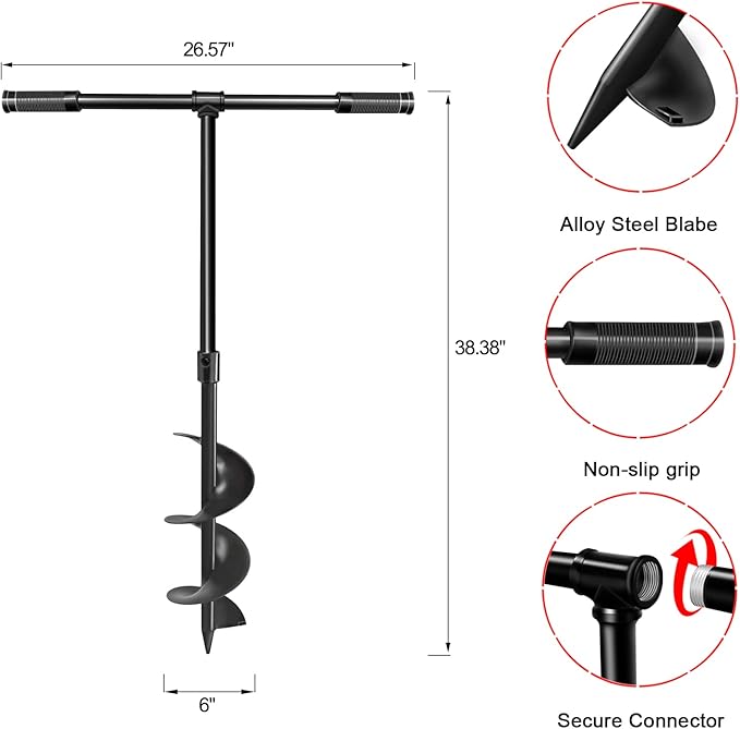 LONGRUN Manual Garden Hole Digging Drill Bit, Hand Drill Auger Post Hole Digger for Planting