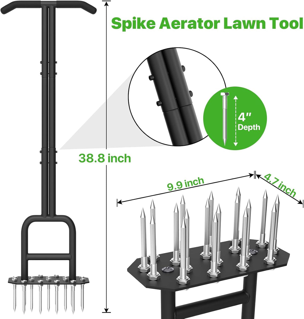 Lawn Aerator Spike Aeration Tool, Manual Air Aerator Tool for Lawn with Iron 18 Spikes, 38.8 Inch