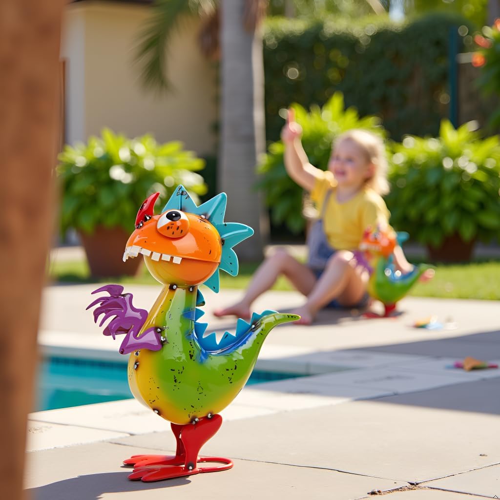 Metal Dinosaur Statue Outdoor Garden Decor - Wacky Dino Yard Art Gift, Funny Dinosaur Sculpture for