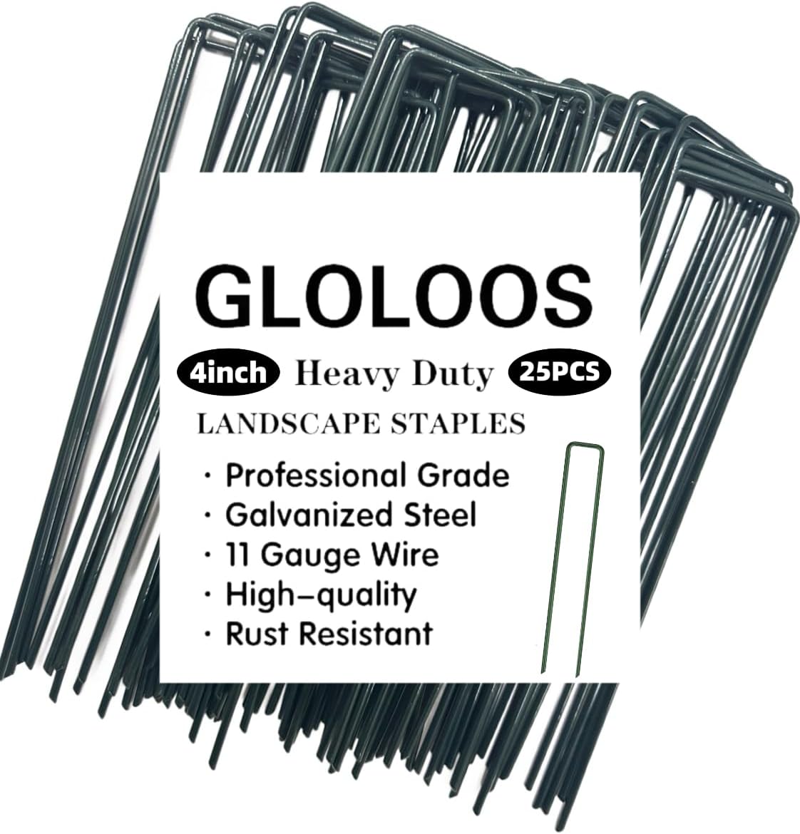4 inch 25 Pack Green Galvanized Landscape Staples 11 Gauge Garden Stakes Pins Anti-Rust Ground