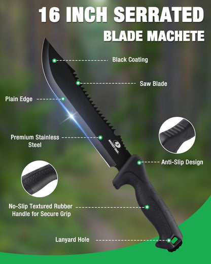 Mossy Oak 16" Heavy Duty Machete with Saw and Sheath, Sharp Dual-Edge Blade, Ergonomic Non-Slip