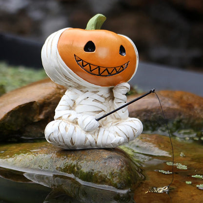 Fishing Pumpkin Head Mummy Statue Funny Halloween Decorations, 3.15 Inch Cute Sitting Figurine