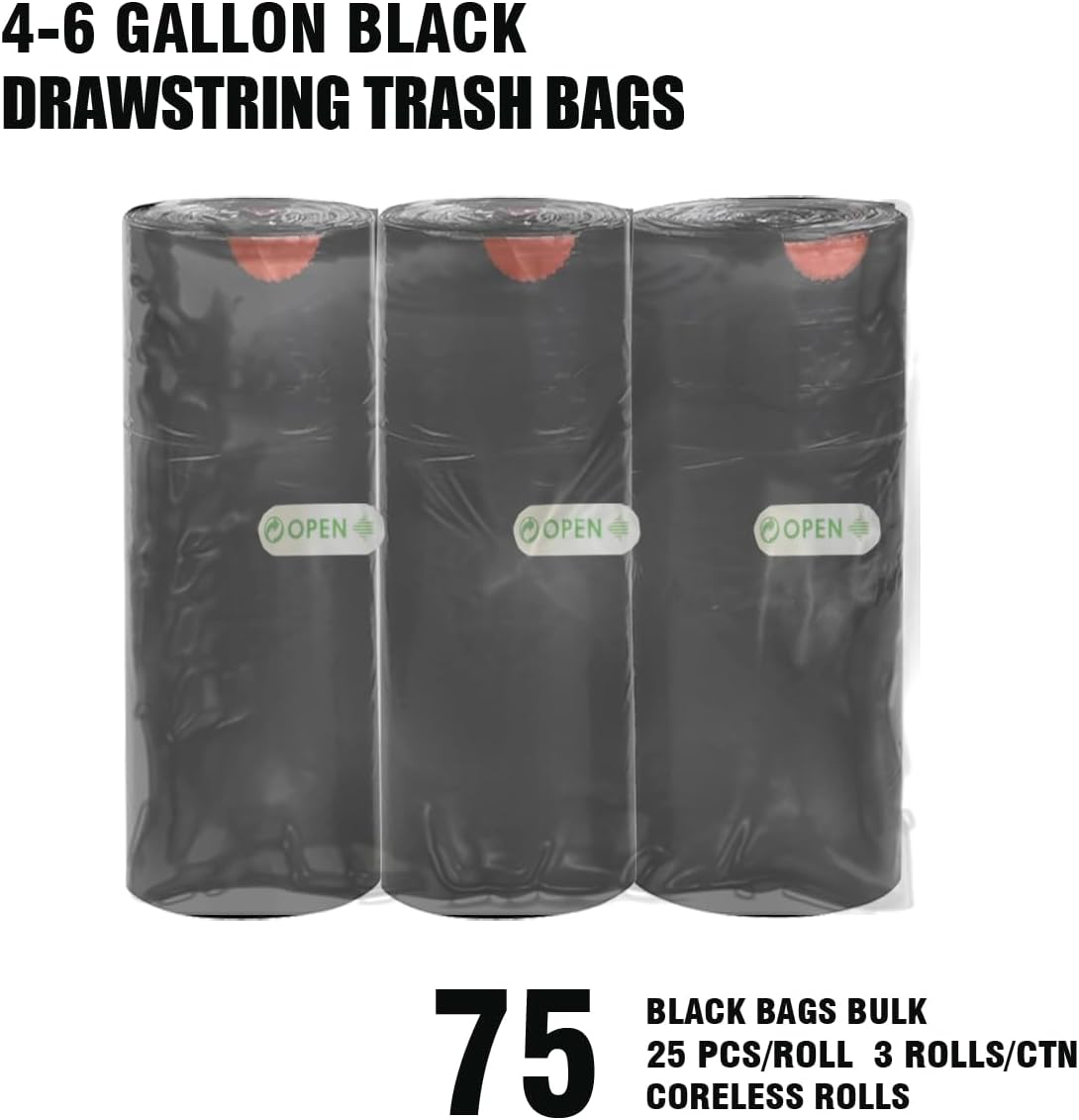 4-6 Gallon Trash Bags Drawstring, 75 Count Bulk, Black & Unscented Multi-purpose Garbage Bags for