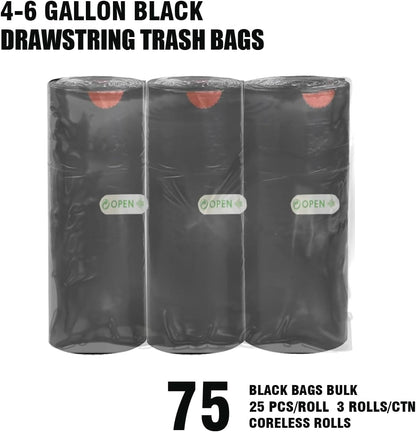 4-6 Gallon Trash Bags Drawstring, 75 Count Bulk, Black & Unscented Multi-purpose Garbage Bags for