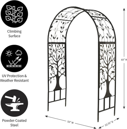 Plow & Hearth Arch Metal Outdoor Garden Arbor | Tree of Life | 83 Inches Tall | Black | Trellis