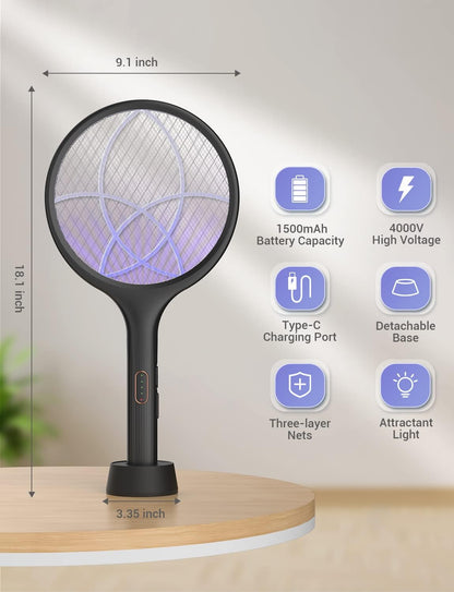 YISSVIC Electric Fly Swatter 4000V Bug Zapper Racket Dual Modes Mosquito Killer with Purple