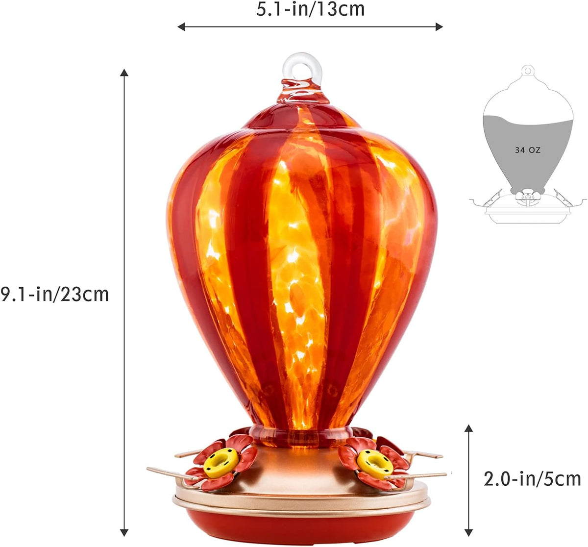 Hummingbird Feeder, 34OZ Hand Blown Glass Hummingbird Feeders for Outdoors Hanging, 4 Feeding Perch