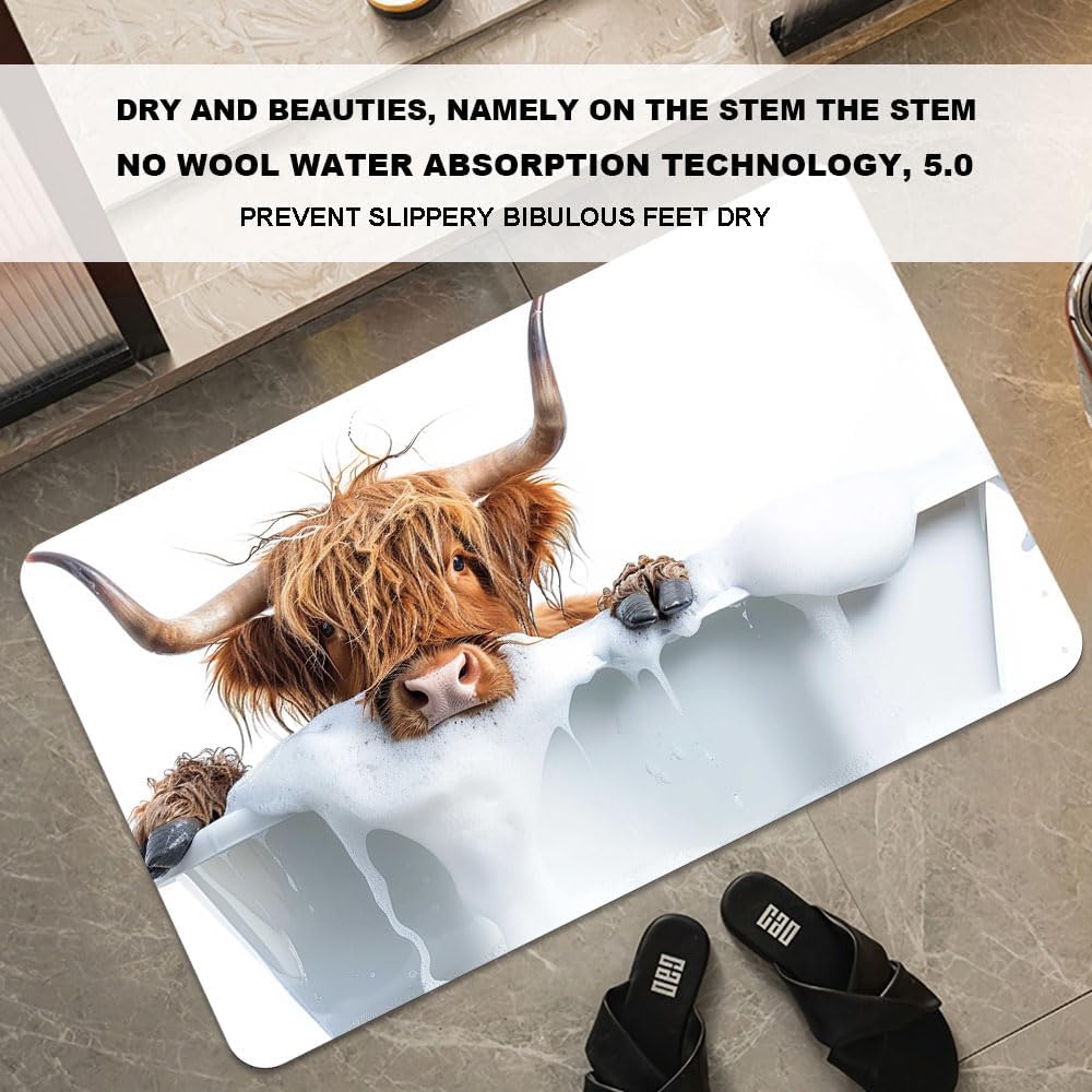 Bath Mat-Bathroom Rug，Bath, Highland Cattle-Absorbent Non Slip Quick Dry Stain Resistant Easy to